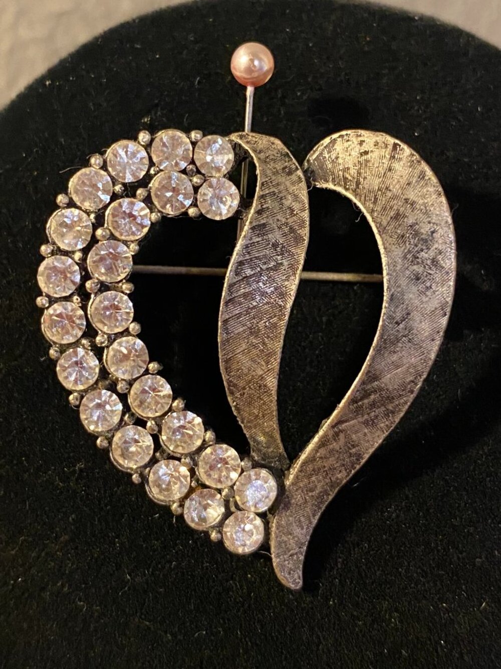 Rhinestone and silver tone Ribbon Heart Brooch